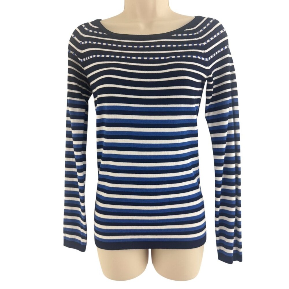 Boston Proper Blue Striped Soft Sweater Embellished Neckline Size XS Knit Top